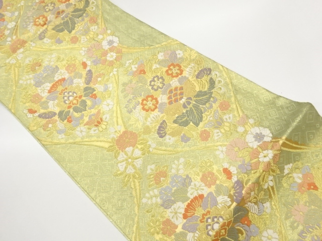 JAPANESE KIMONO / FUKURO OBI / SILK / SAGANISHIKI / WOVEN FLORAL PLANTS & RHOMBUS